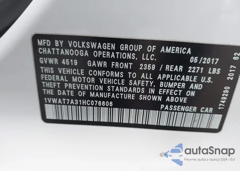 2017 Volkswagen Passat 1.8T S z USA, uszkodzony, nr VIN 1VWAT7A31HC076606